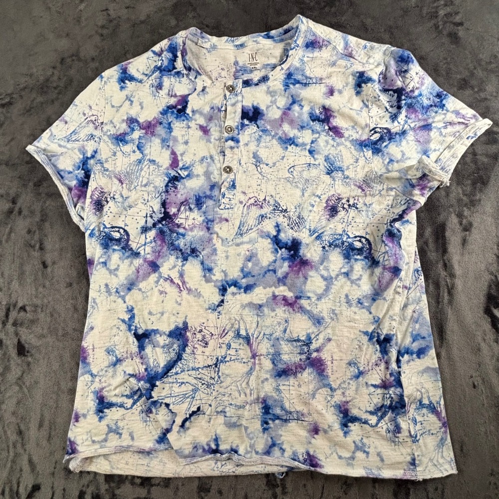 INC Henley Shirt Mens XXL White Blue Purple Tie Dye Marble Print Short Sleeve